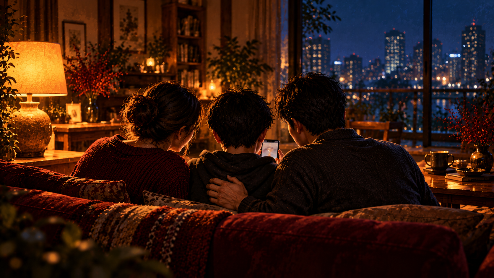 夜のリビングのソファで、父と母に挟まれて座った子どもが、スマホの画面を見せながら話している後ろ姿。温かなランプの光が三人を包み、窓の外には静かな夜の街。叱らずに聞く家族の会話を、バーガンディとチャコールで描いたシネマティックな絵画調イラスト