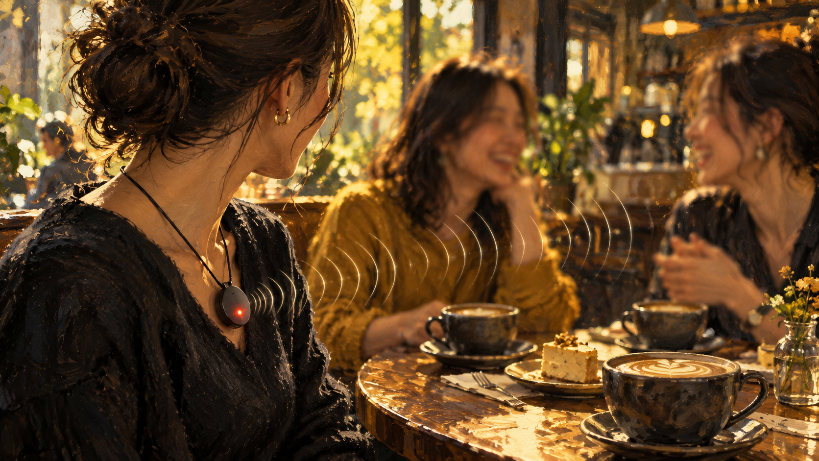 明るい午後の東京のカフェで三人の女性が丸いテーブルを囲んで楽しそうに話し、そのうち一人の胸元に下がる小さな丸いペンダント型のAI端末が録音中を示す赤い光を静かにともしていて、ほかの二人はまったくそれに気づいていない様子を描いた映画的な絵画