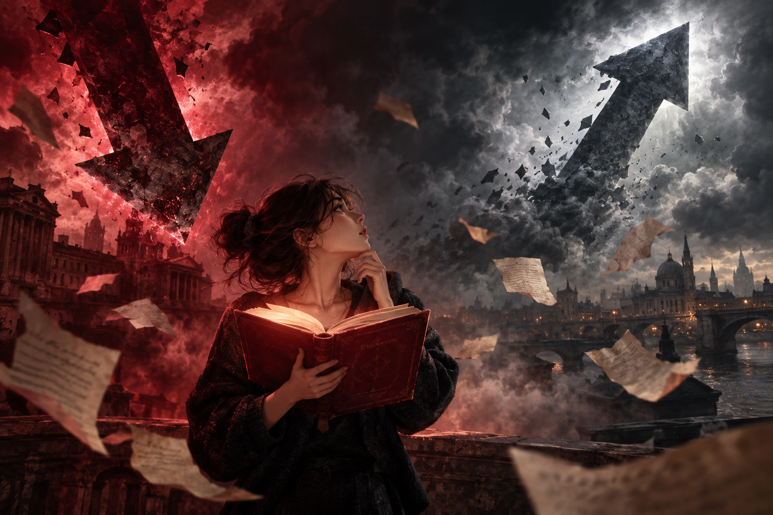 経済の教科書を手にした人物の目の前で、金利の矢印が下を向くのにドルだけが上昇する構図。米金利低下でも円安が進む為替の非常識を象徴するシネマティックな絵画調イラスト